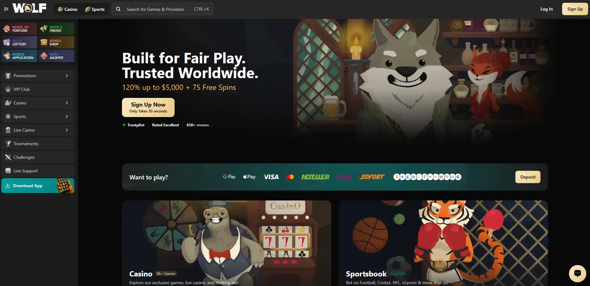 Wolf.io homepage with brand identity, casino navigation and game categories