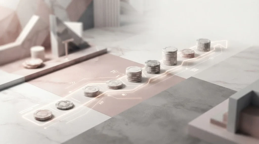 Casino chips arranged around a neutral progress path representing wagering turnover