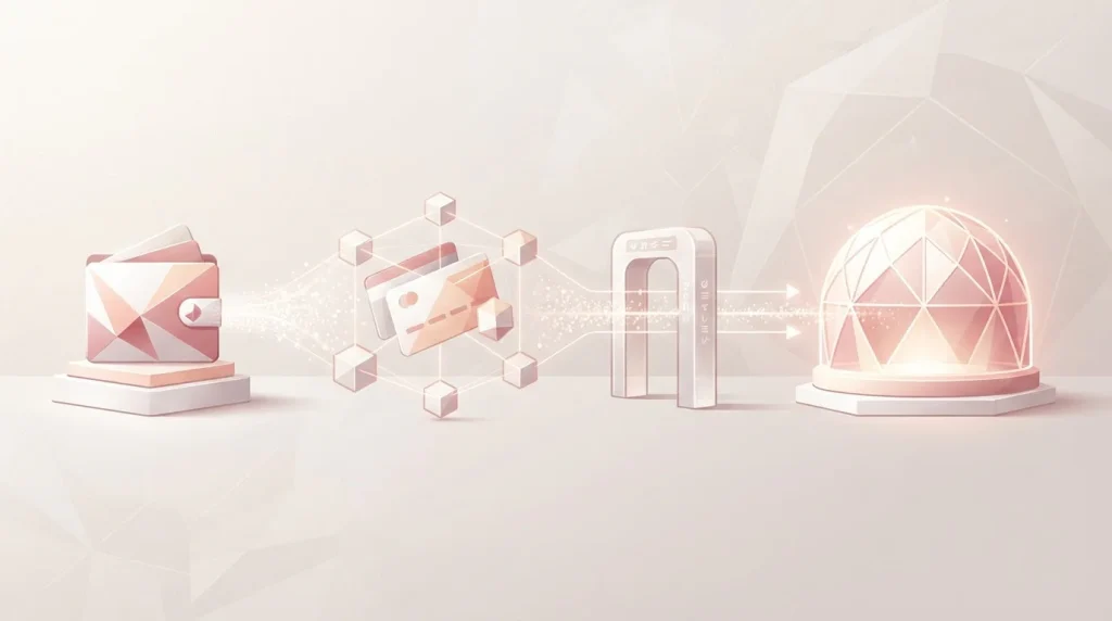 Crypto wallet and payment card abstractions moving through address and confirmation checkpoints