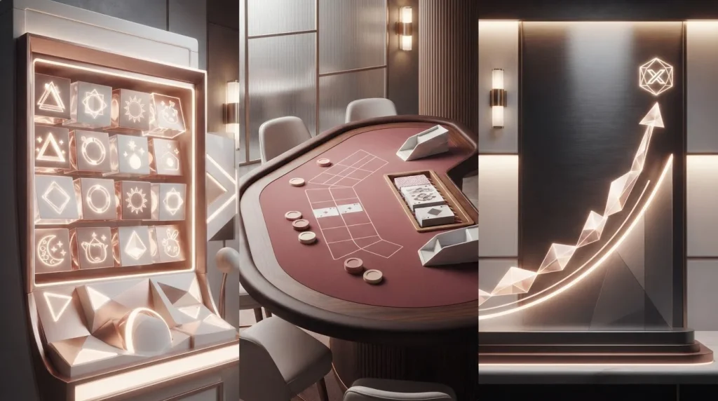 Abstract slot reels, a live table layout, and a crash-game curve arranged as three casino game categories