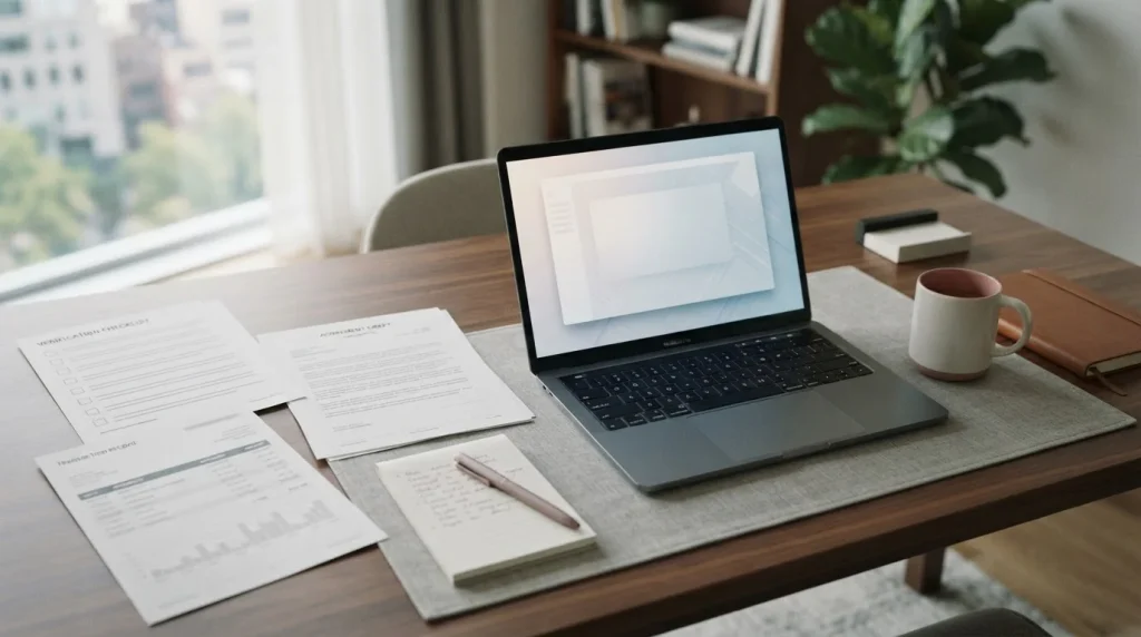 Neutral desk with casino terms, transaction records, and a verification checklist