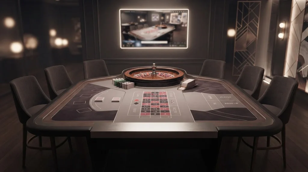 Generic live casino table with cards, roulette elements, studio lighting, and an abstract video frame